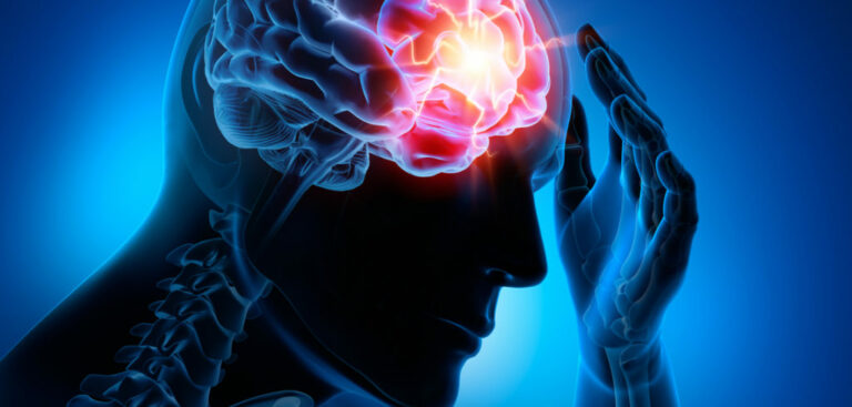 A digital illustration depicting a semi-transparent person with a highlighted, glowing brain area suggesting a headache or neurological condition, set against a blue background.