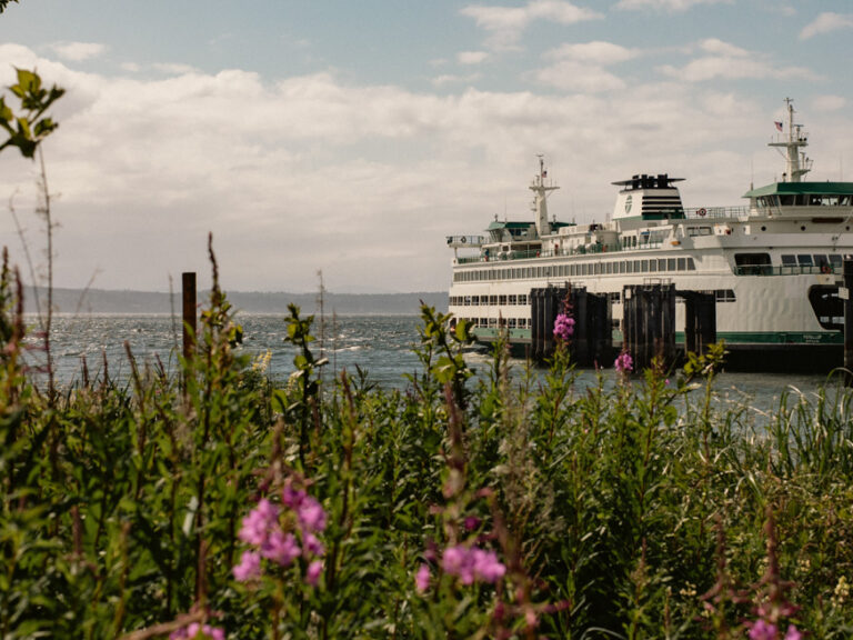 A wide-angle view of a tranquil Puget Sound featuring a ferry docked at a terminal, framed by lush greenery and vibrant pink flowers under a partly cloudy sky.